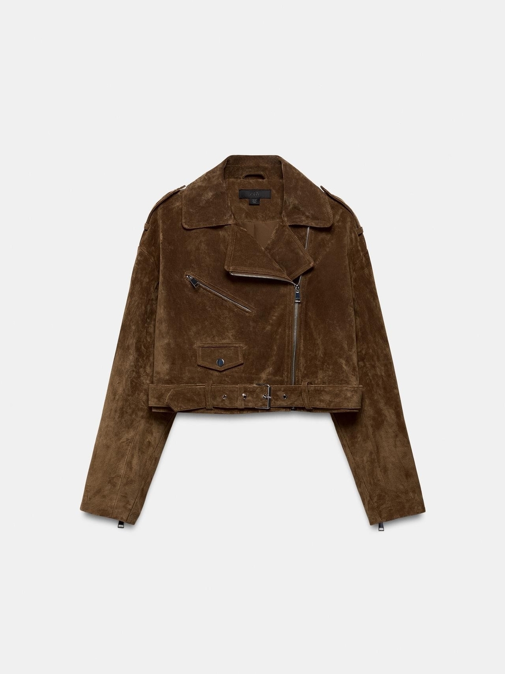 ZARA NEW WOMAN BIKER 100% SUEDE LEATHER SHORT JACKET TOBACCO